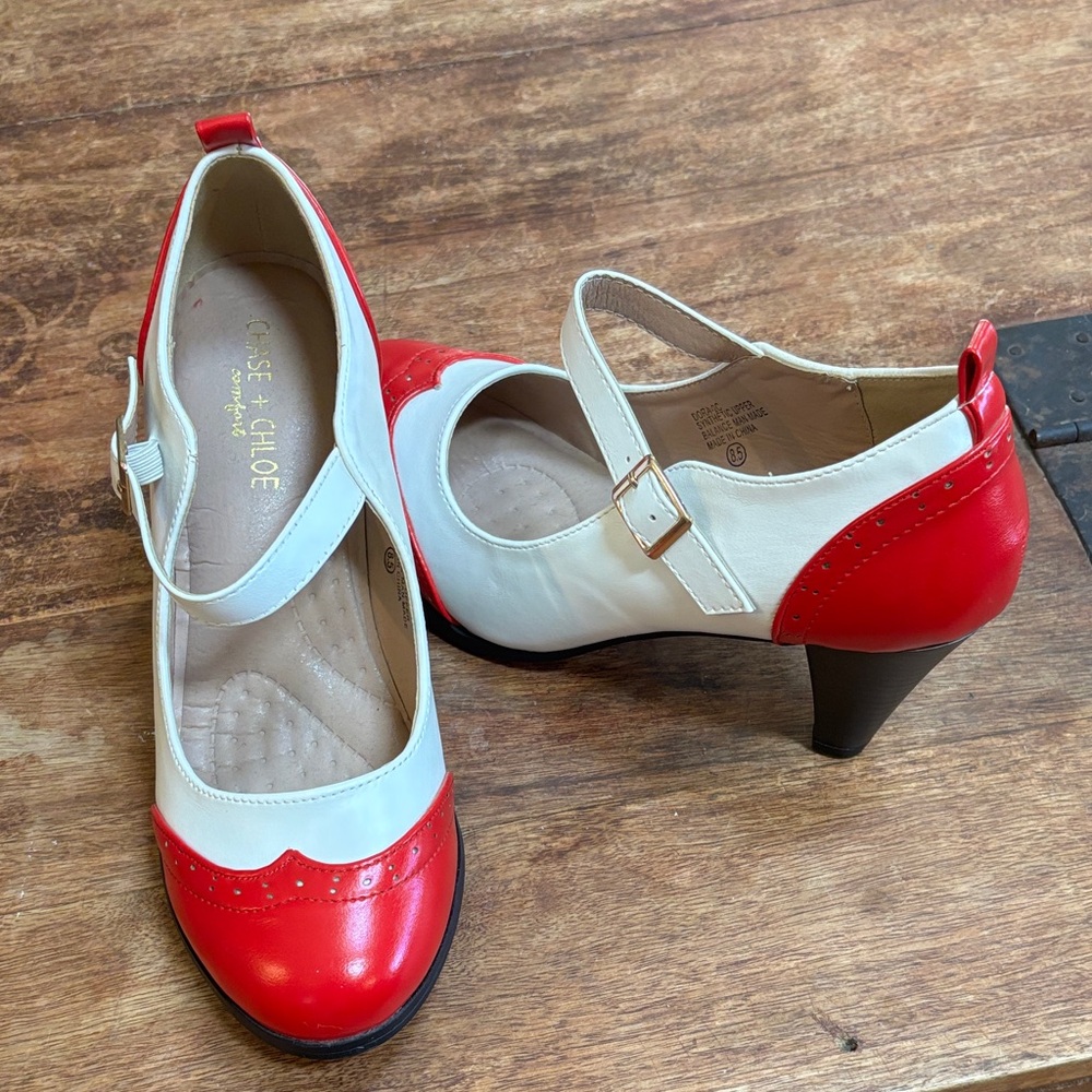 Chase + Chloe Red and White Mary Jane Heels
